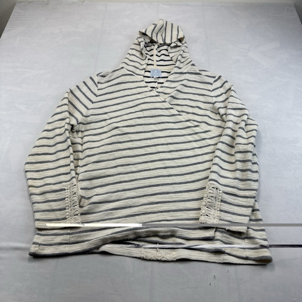 Sunday Women's 1X Cream Gray Striped Hooded Pullover Sweater Lace Trim Boho